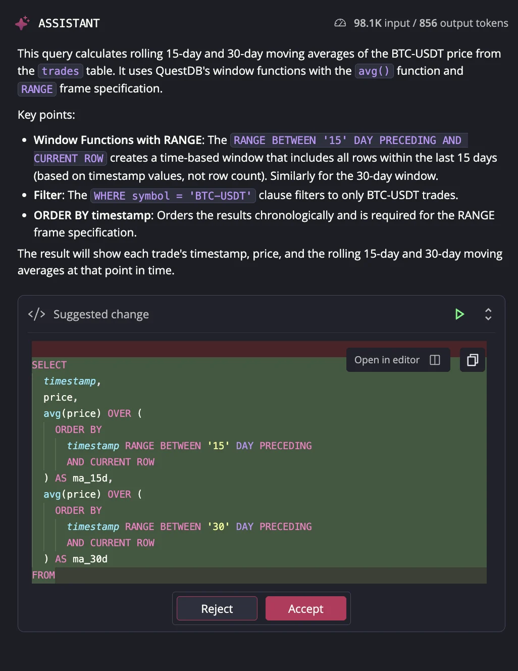 AI suggestion showing diff view with original and modified SQL